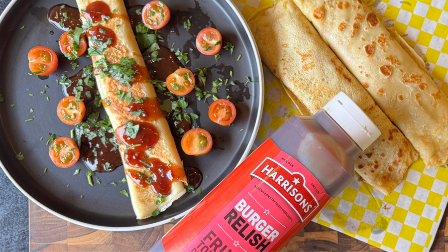 Three Cheese Savoury Crepes with Warm Harrisons Burger Relish