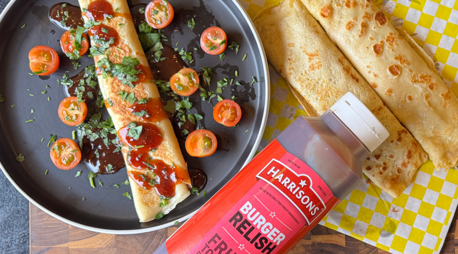 Three Cheese Savoury Crepes with Warm Harrisons Burger Relish