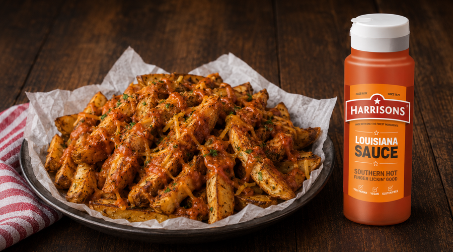 Harrisons Louisiana Voodoo Fries: Crispy, Cheesy and Loaded with Louisiana Sauce
